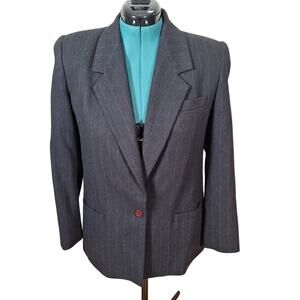 Vintage 80s Black Wool Blnd Pinstripe Blue Fleck Blazer Jacket Women Size 10 Med
